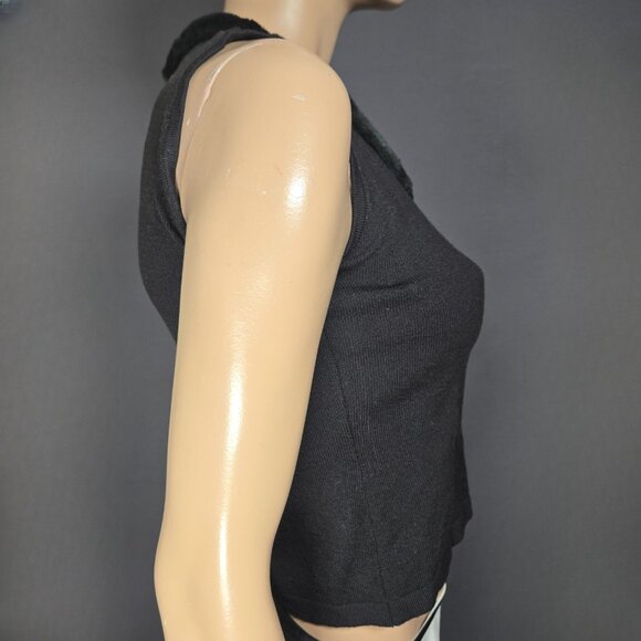 Vintage 90s Black Sleeveless Knit Crop Top Faux Fur Trim Size S Deadstock - Picture 7 of 9